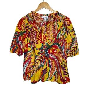 Rachel Zoe Tropical Floral Bird Print Beaded Tassel Blouse Large